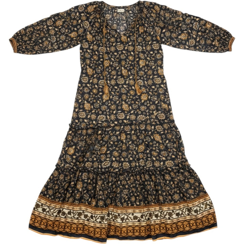 Natural Life Boho Floral Tiered Maxi Dress Black Orange Tassel V-Neck Medium
